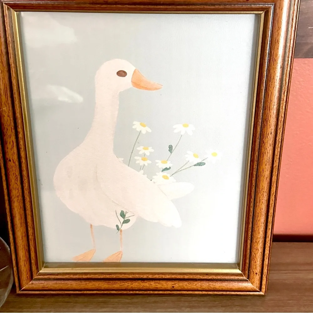 Goose Daisy Bouquet Duck Bird Cottagecore Wood & Gold Framed Canvas Art Print